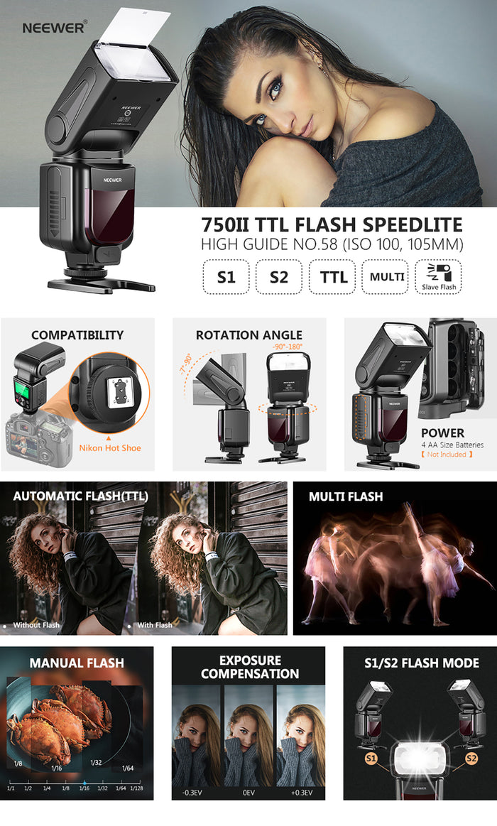 Product overviews of the NEEWER 750II Camera Flash For Nikon DSLR Cameras