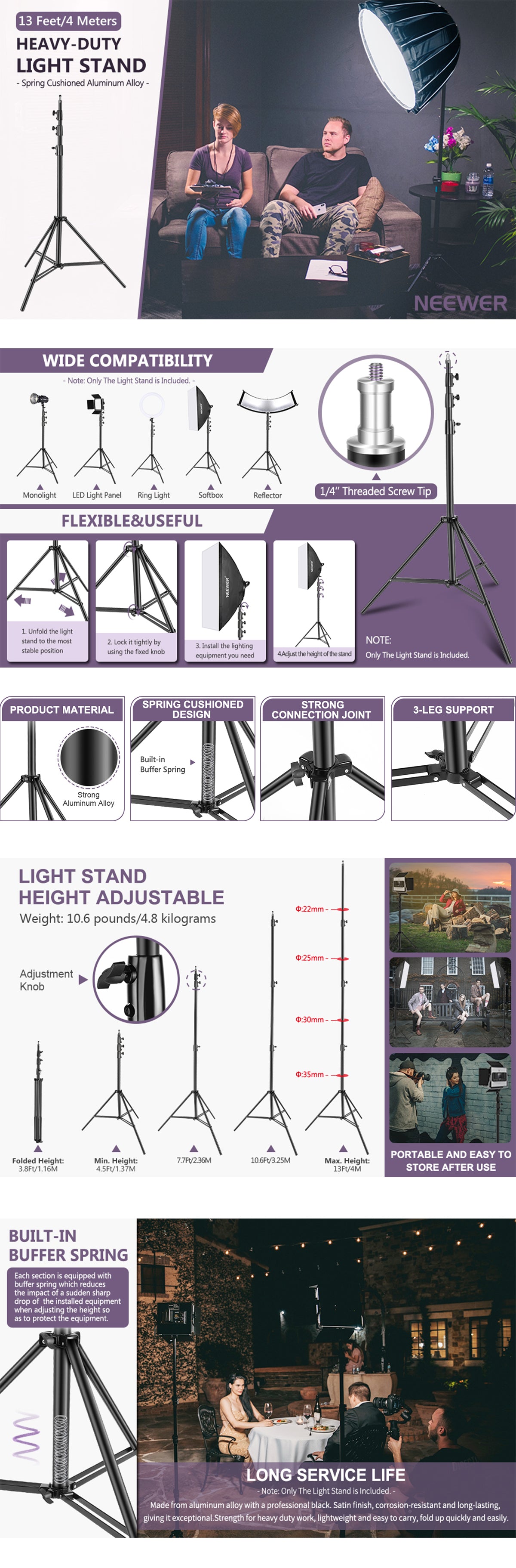 Product overviews of the NEEWER 400cm Flexible Light Stand