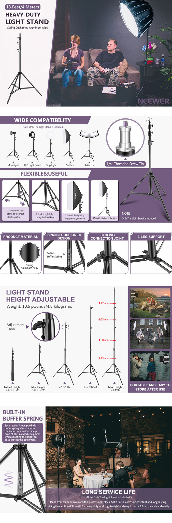 Product overviews of the NEEWER 400cm Flexible Light Stand