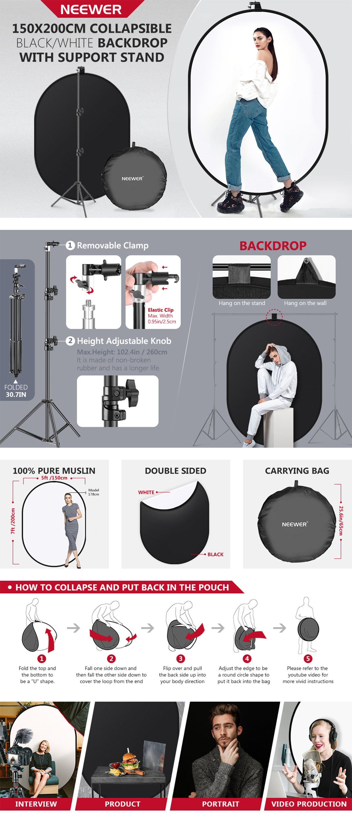 Product overviews of the NEEWER 1.5x2M 2-in-1 Portable Black&White Backdrop Kit