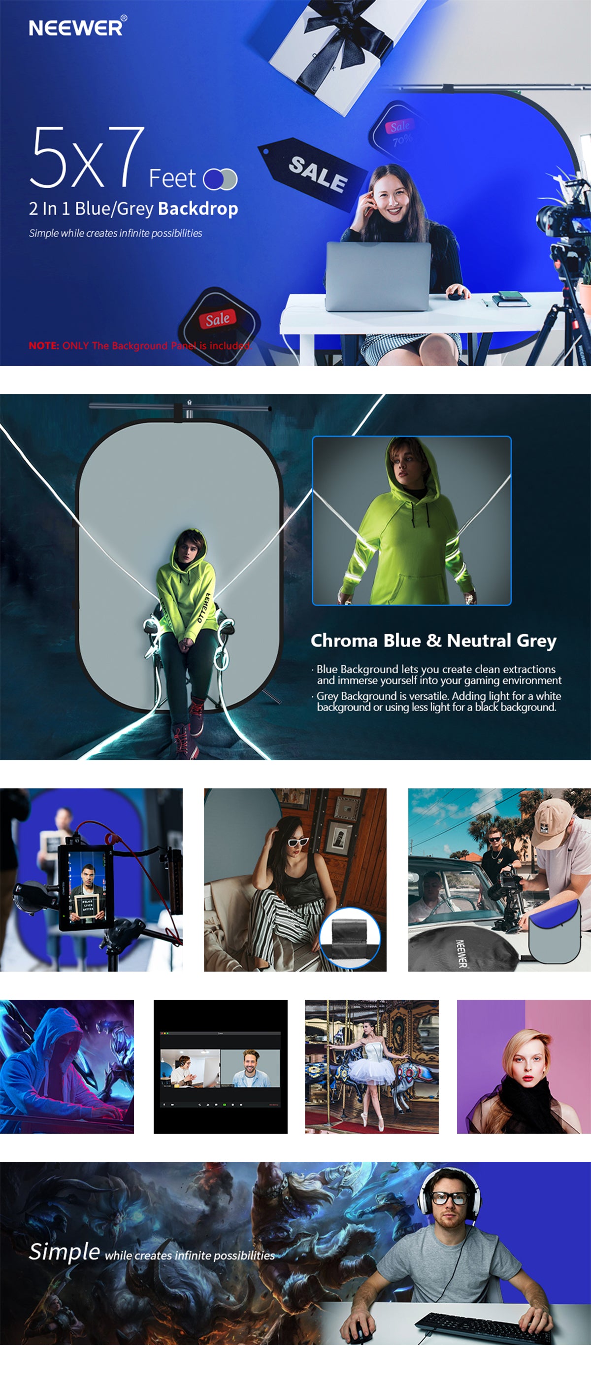 Product overviews of the NEEWER 1.5x2m 2-in-1 Collapsible Blue&Grey Backdrop