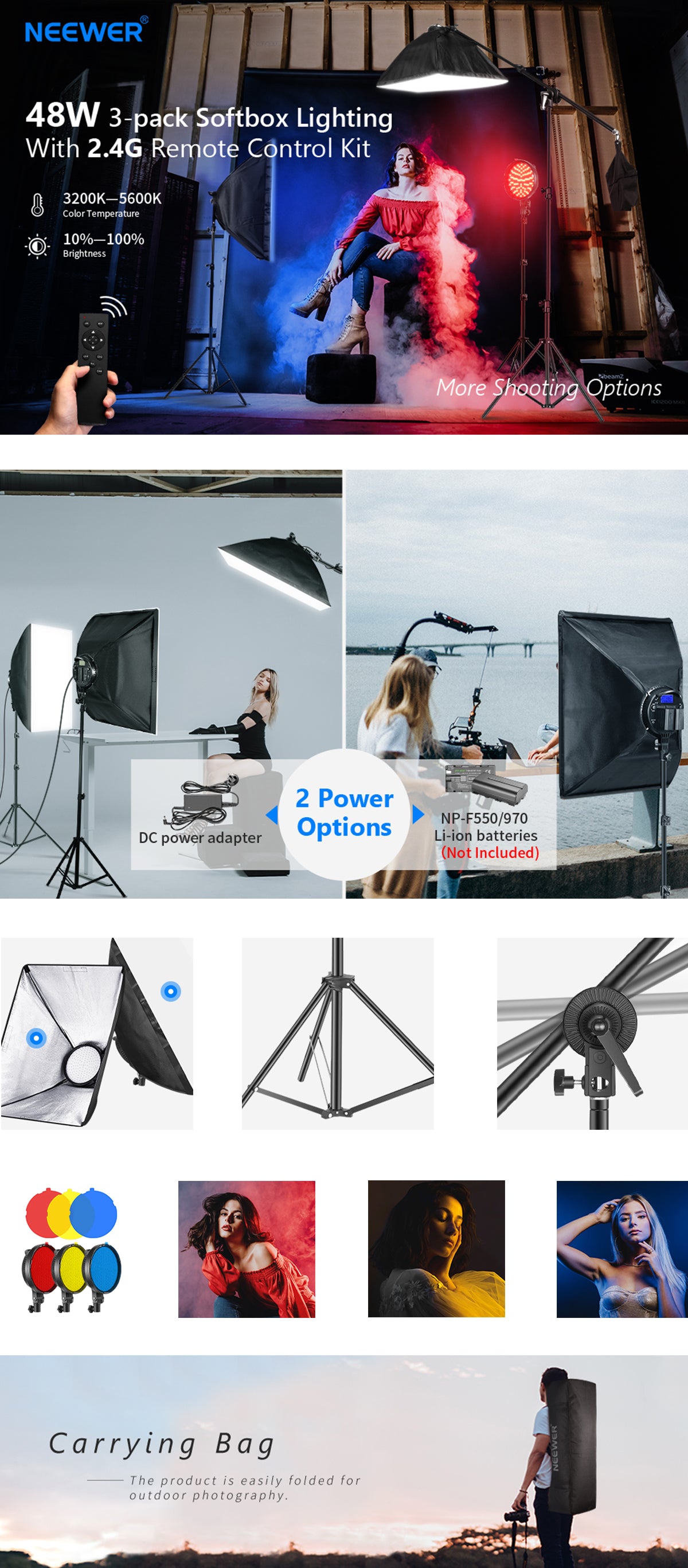 3200-5600K 48W Dimmable LED Light Head with 2.4G Remote Light Stand Neewer 3-Pack 2.4G LED Softbox Lighting Kit with Color Filter: 20x28 Softbox Bag for Photo Studio Video Shooting Boom Arm 