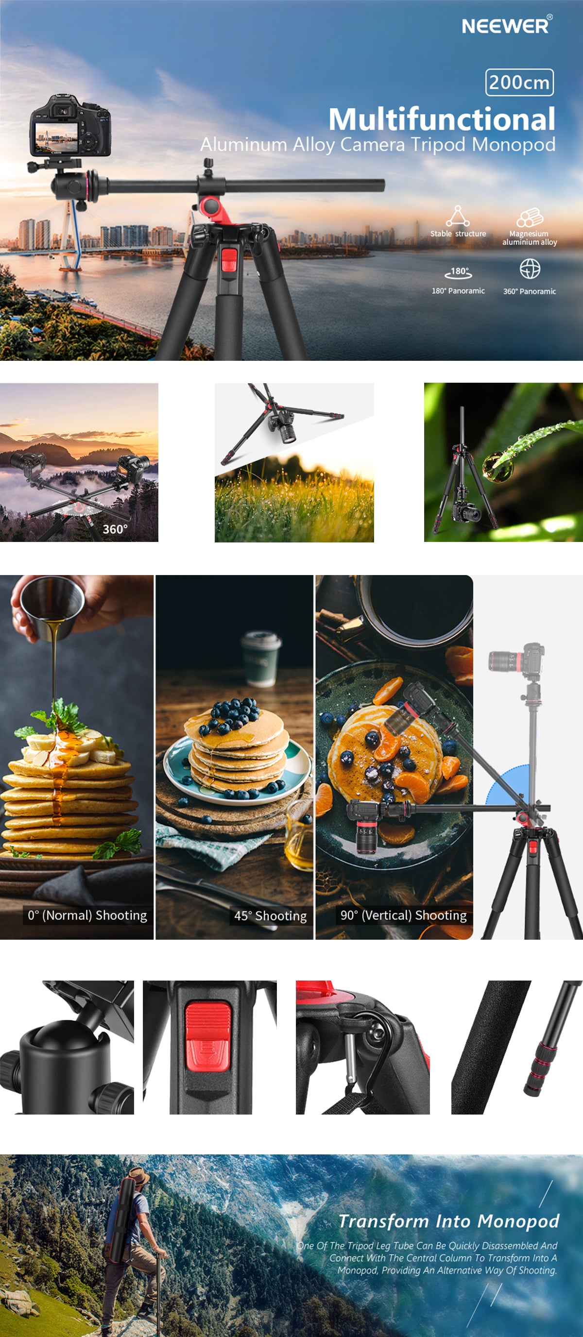 Product overviews of the NEEWER N284L+G0 Camera Tripod