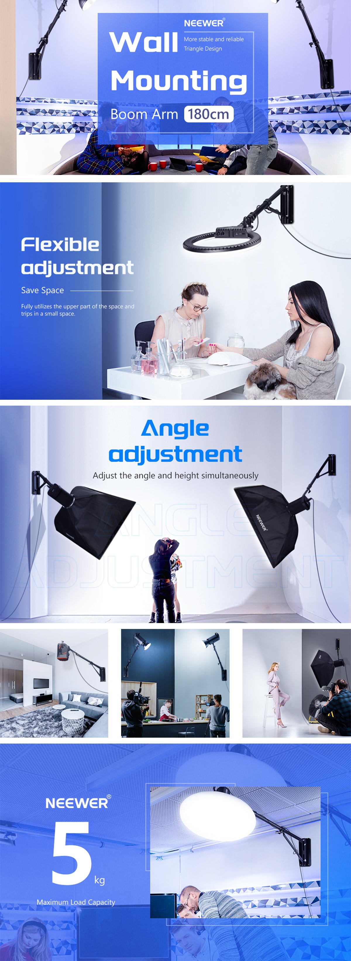 Product overviews of the NEEWER 180CM Wall Boom Arm