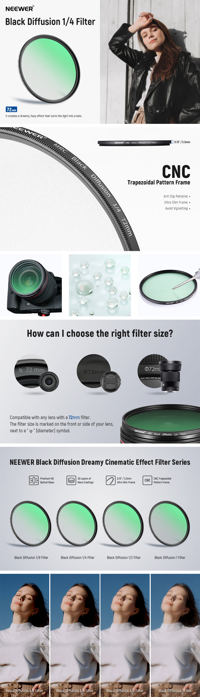Product overview of the NEEWER Black Diffusion 1/4 Cinematic Effect Filter