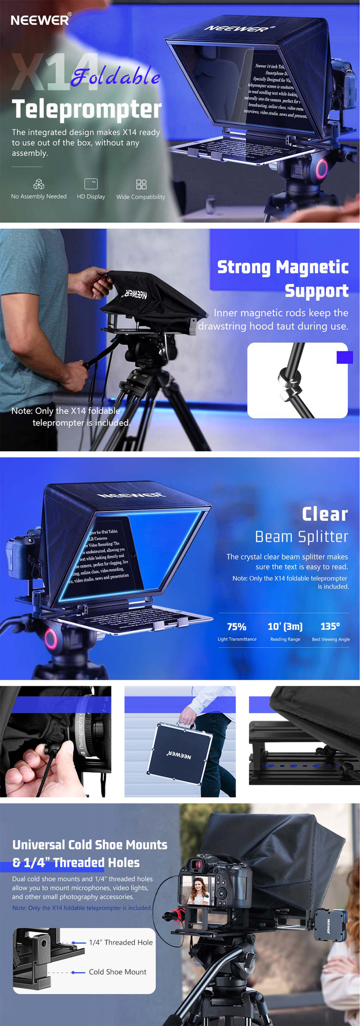 Product overviews of the NEEWER X14 Portable Teleprompter