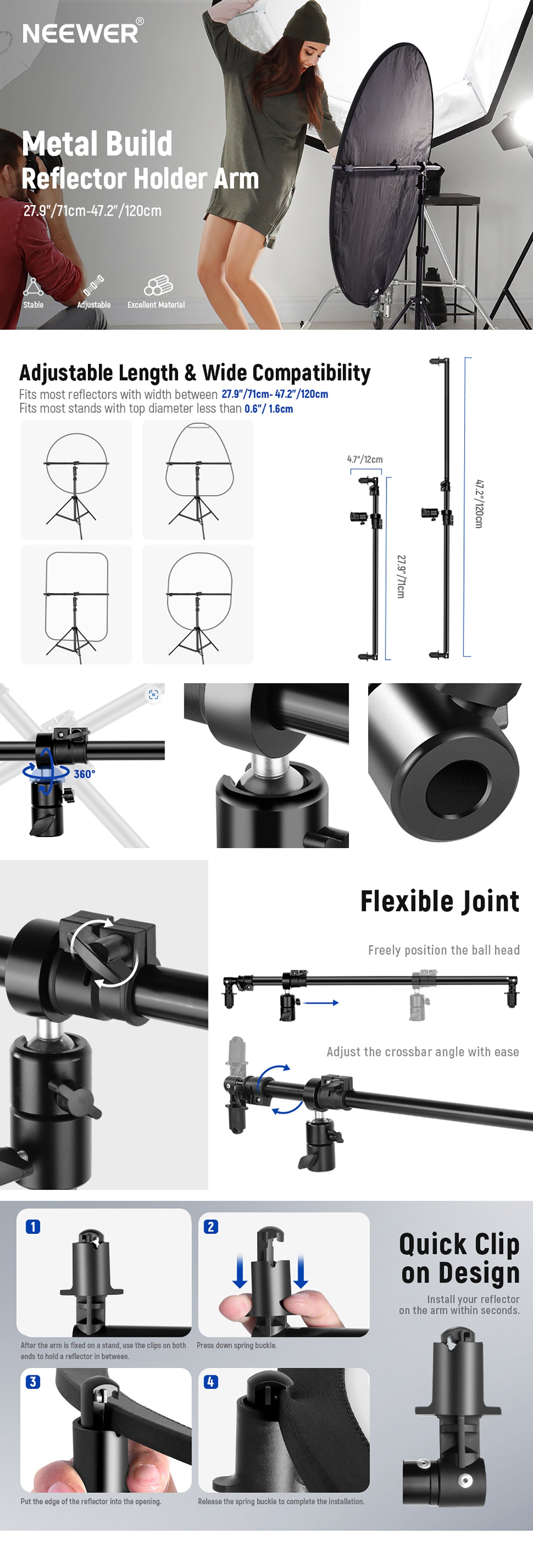 Product overviews of the NEEWER 1.2M Extendable Reflector Holder Arm