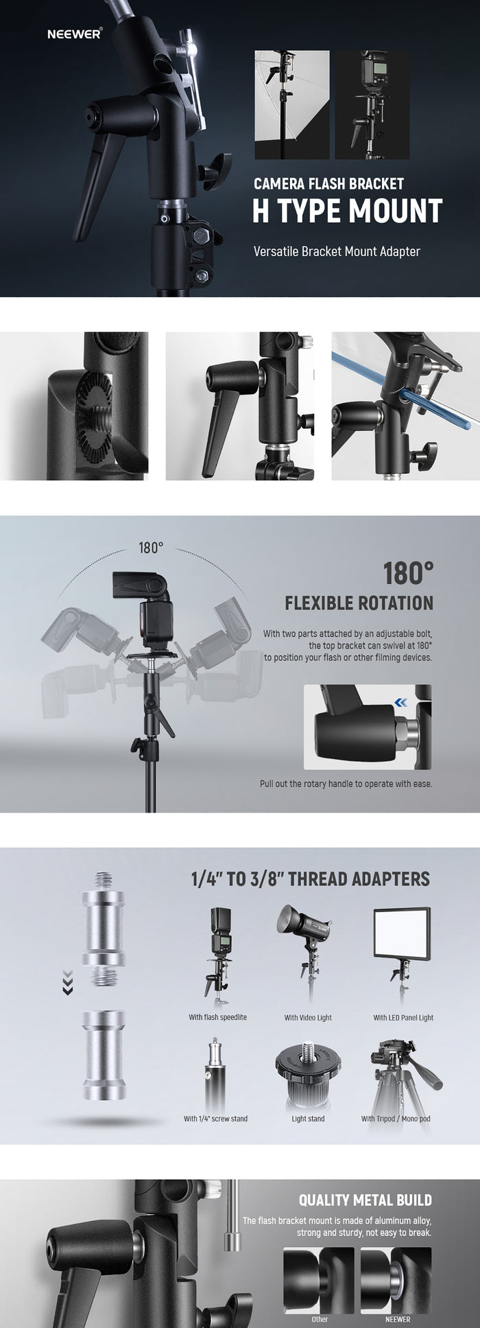 Product overviews of the NEEWER H-Type Mount Camera Flash Bracket