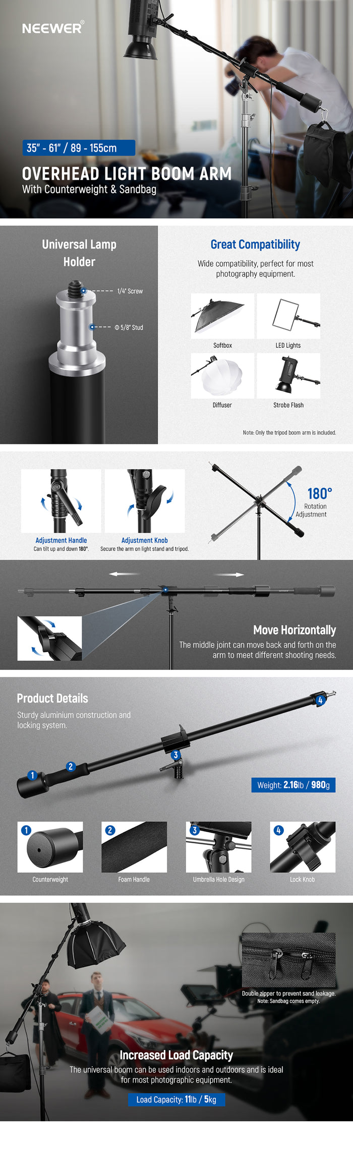 Product overviews of the NEEWER 90-160cm Tripod Boom Arm with Sandbag