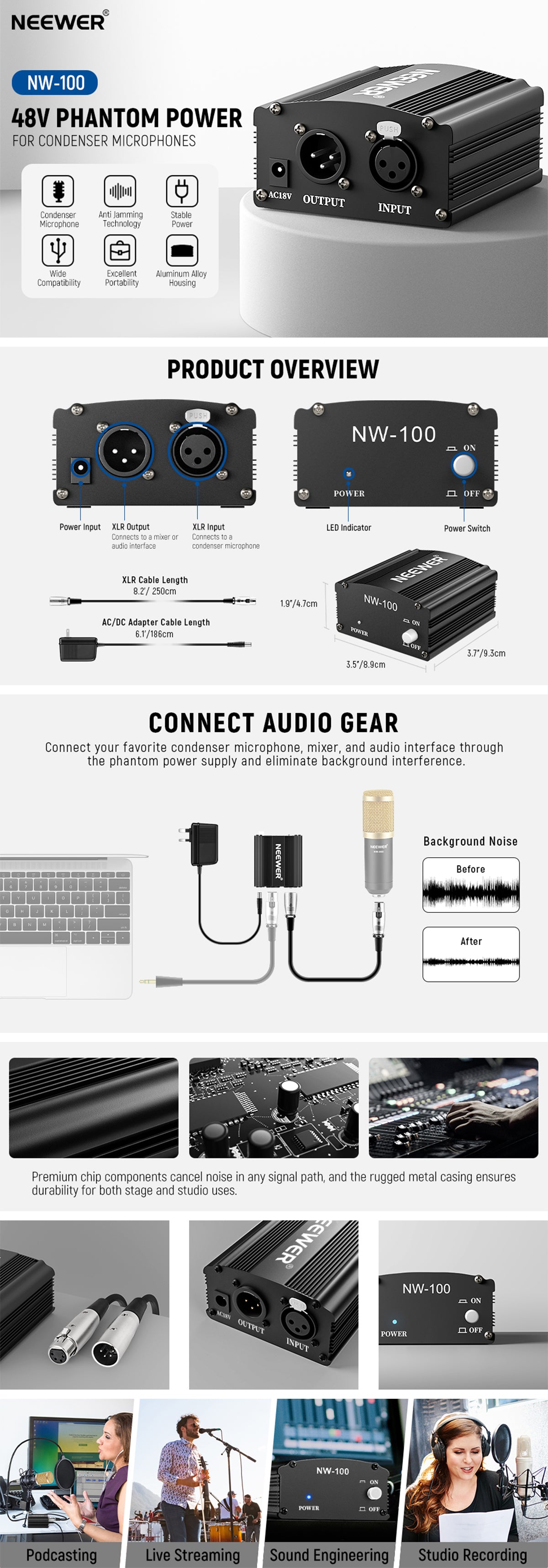 Product details of the NEEWER NW-100 48V Phantom Power Supply with Adapter