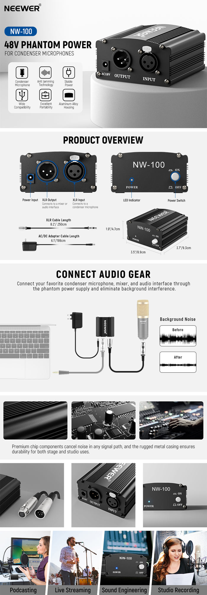 Product details of the NEEWER NW-100 48V Phantom Power Supply with Adapter