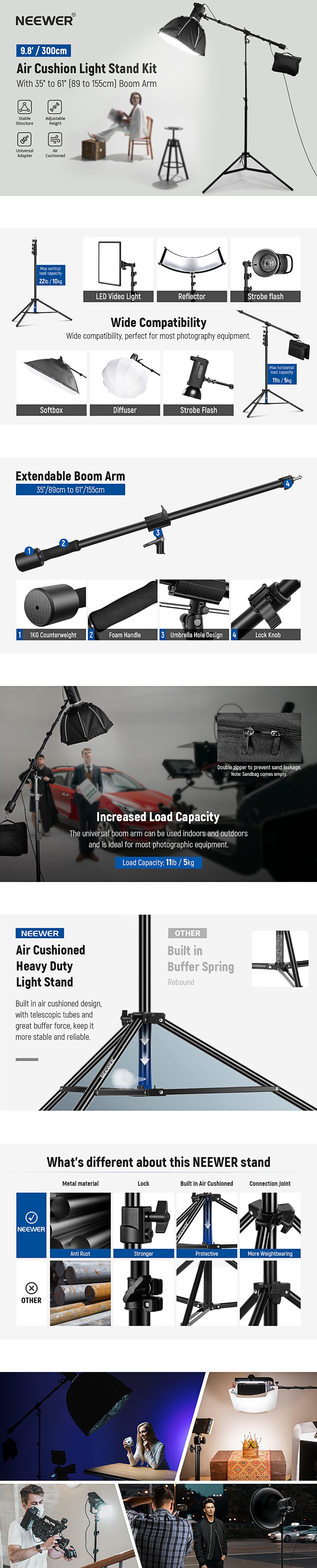 Product overviews of the NEEWER 300cm Air Cushioned Light Stand
