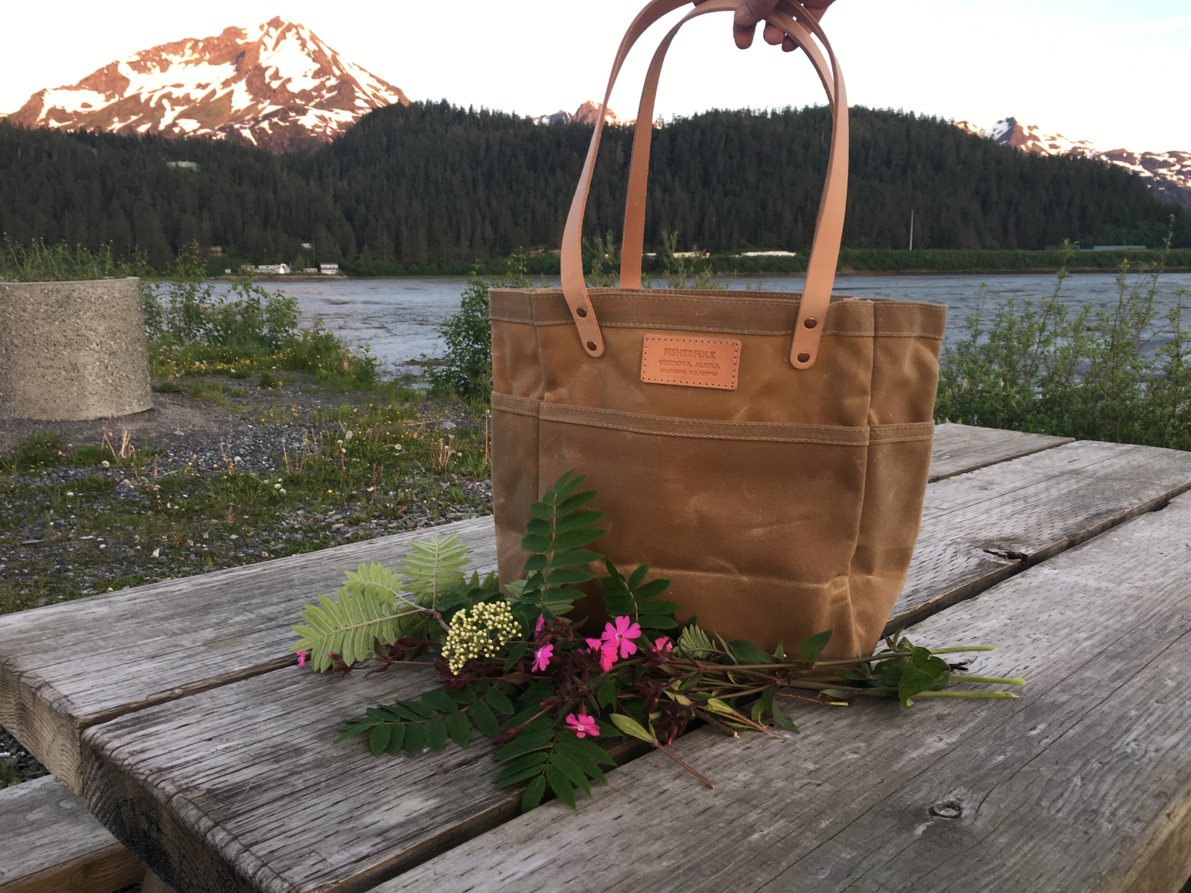 FisherFolk Waxed Canvas Sturdy Tote | Sage (TAN) with Natural Handle