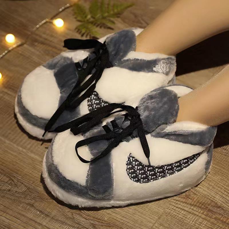 Unisex Grey & White Plush Sneaker Slippers