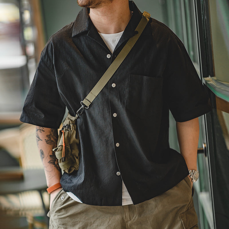 Cuban Collar Linen Shirt Man Japanese Retro Loose Male Clothing