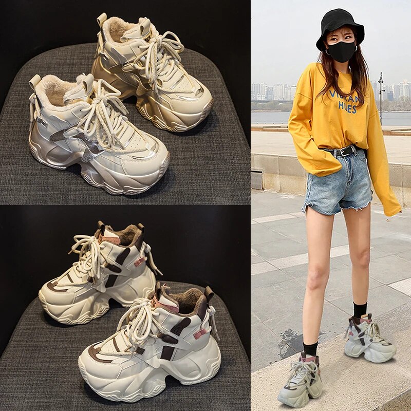 Fashion Height Increasing Genuine Leather Women Sneakers