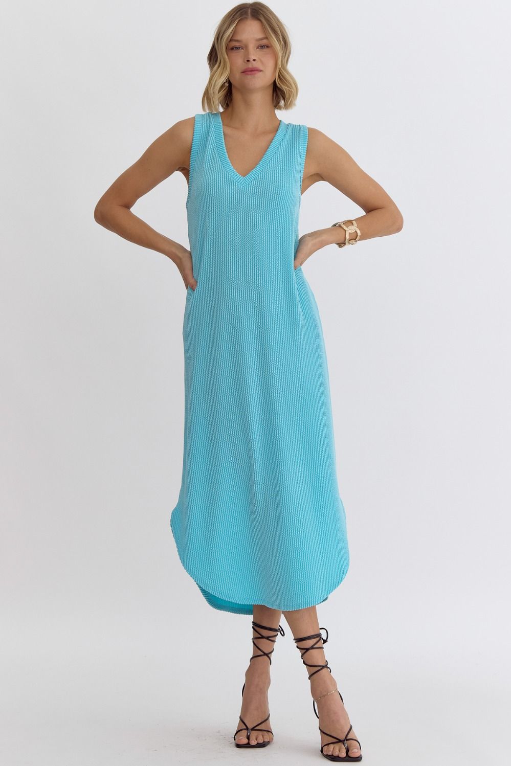 Cool Breezes Sky Ribbed V-Neck Sleeveless Midi Dress