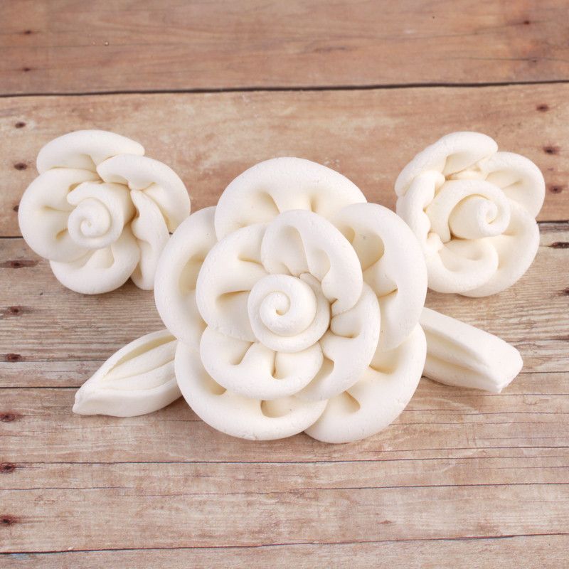  Fabric Rose Blooms and Leaves - White 