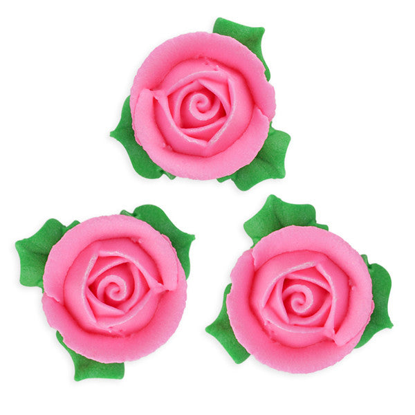  3D Rose w/ Leaves Royal Icing Decorations (Bulk) - Pink 