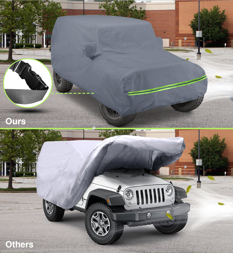 Durable Upgraded 150D Oxford Cloth Car Cover Waterproof All Weather Protection JOYTUTUS Car Cover Compatible with Wrangler 2007-2020 4 Door Full Exterior Covers with Windproof Straps