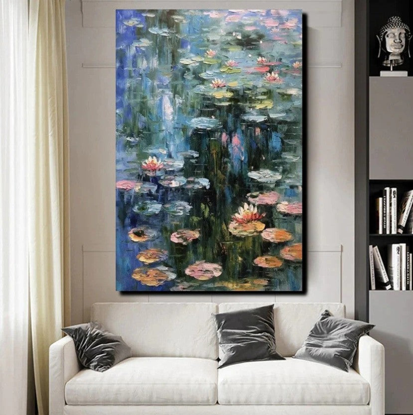 Large Paintings on Canvas, Canvas Paintings for Bedroom, Landscape Painting for Living Room, Water Lily Paintings, Heavy Texture Paintings