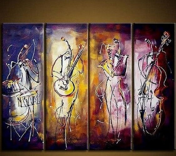 4 Piece Abstract Painting, Music Player Painting, Extra Large Painting Above Sofa, Simple Abstract Wall Art, Modern Paintings for Living Room