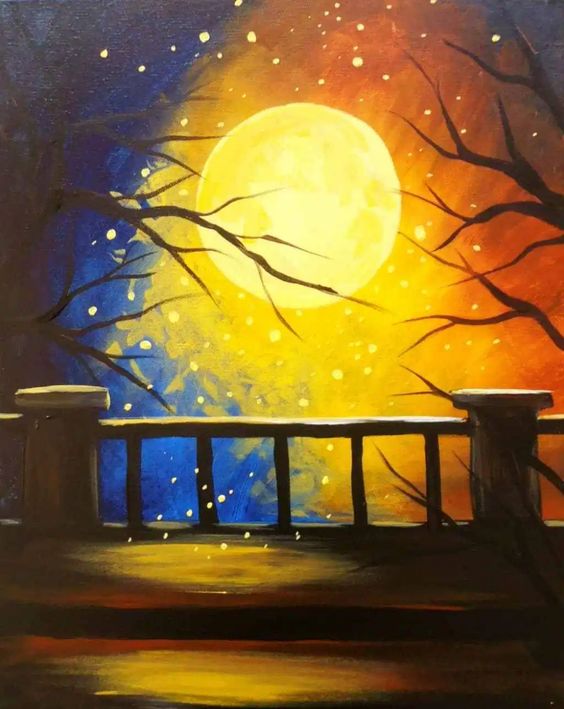 Moon Paintings, Easy Night Paintings, Simple Oil Painting Ideas for Kids, Easy Landscape Painting Ideas for Beginners, Easy Tree Paintings, Easy Canvas Painting Ideas, Easy Acrylic Painting Ideas