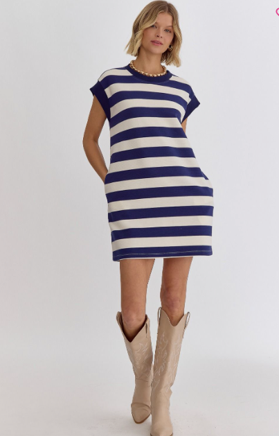 Striped Sleeveless Dress - Navy