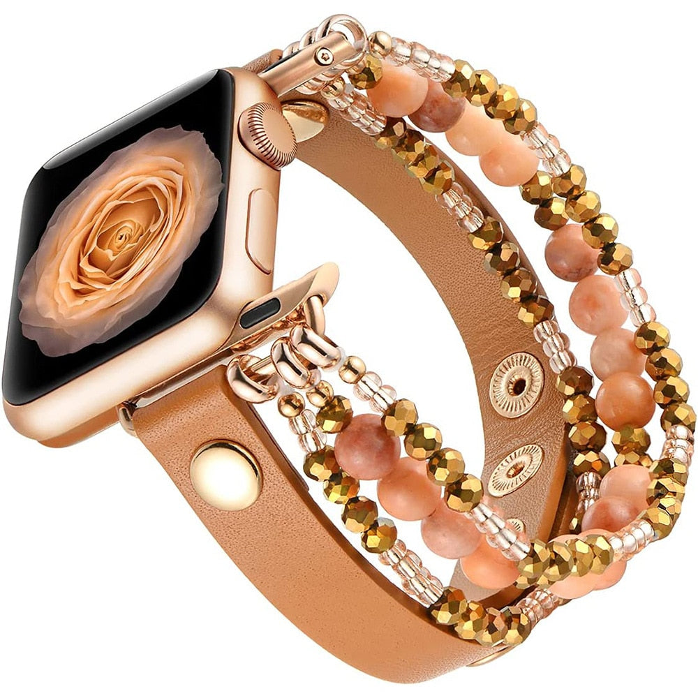 Beaded Leather Bracelet Band For Apple Watch