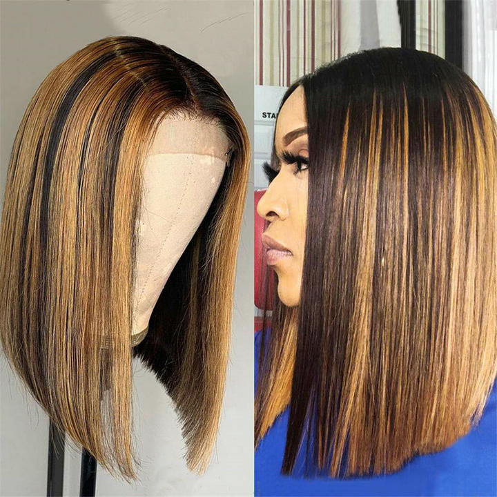 13x4 Highlight Bob Lace Wig With Bangs Honey Blonde Brazilian Straight Lace Front Human Hair Wigs 2020 Hot Look