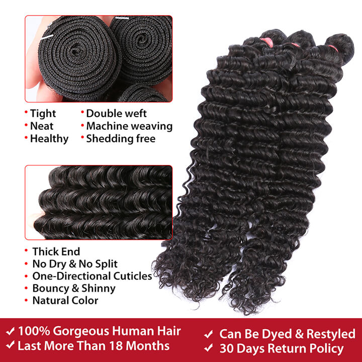 Deep Wave Bundles With Closure Brazilian Curly 100% Human Hair Bundles With Lace Closure