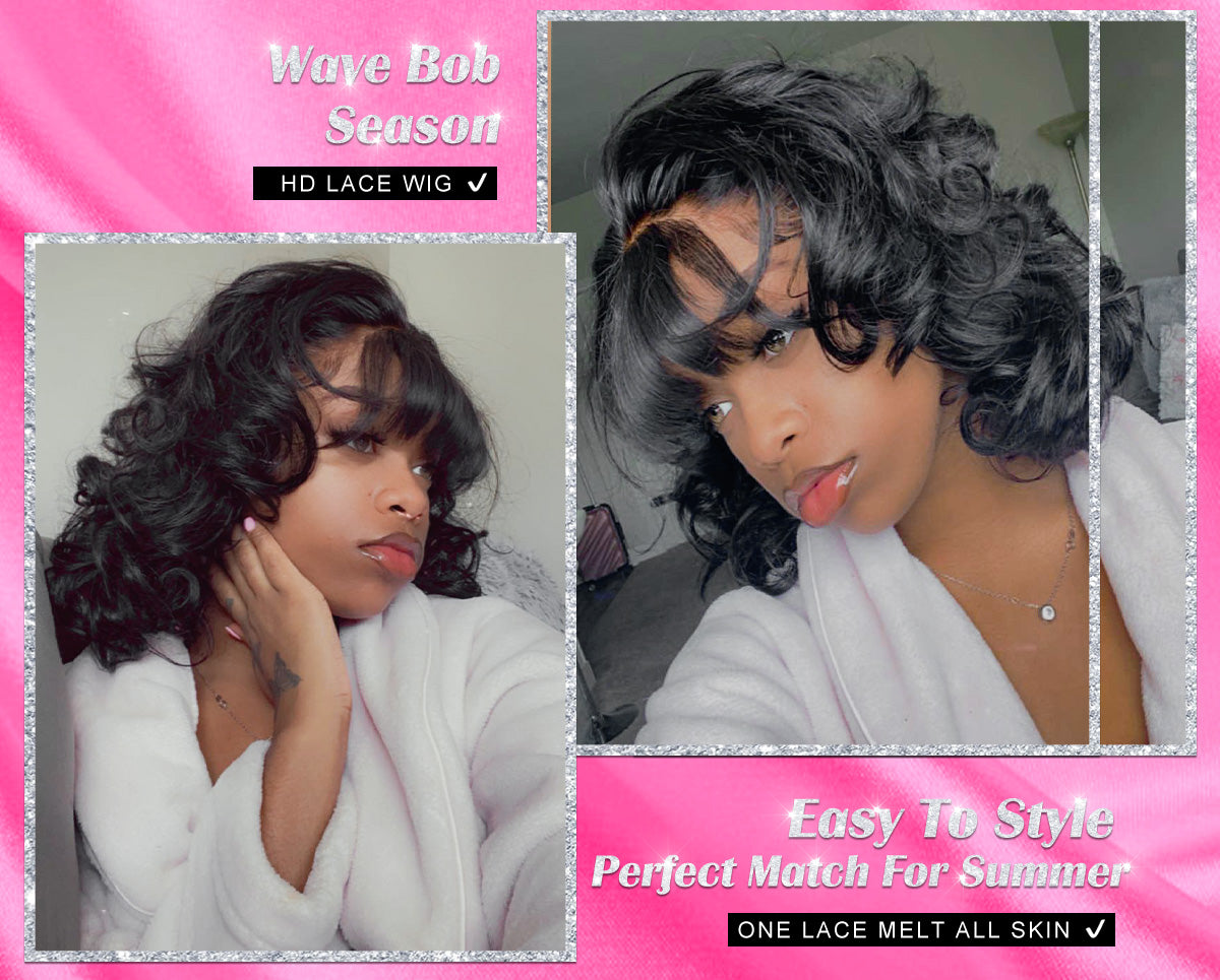 Short wavy Human Hair Wig With Bangs