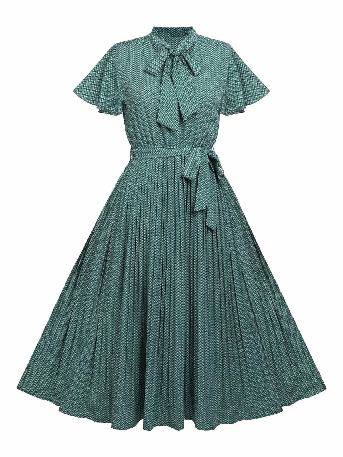 Robe Vintage Verte à Nouer Manche Évasée Des Années 1950