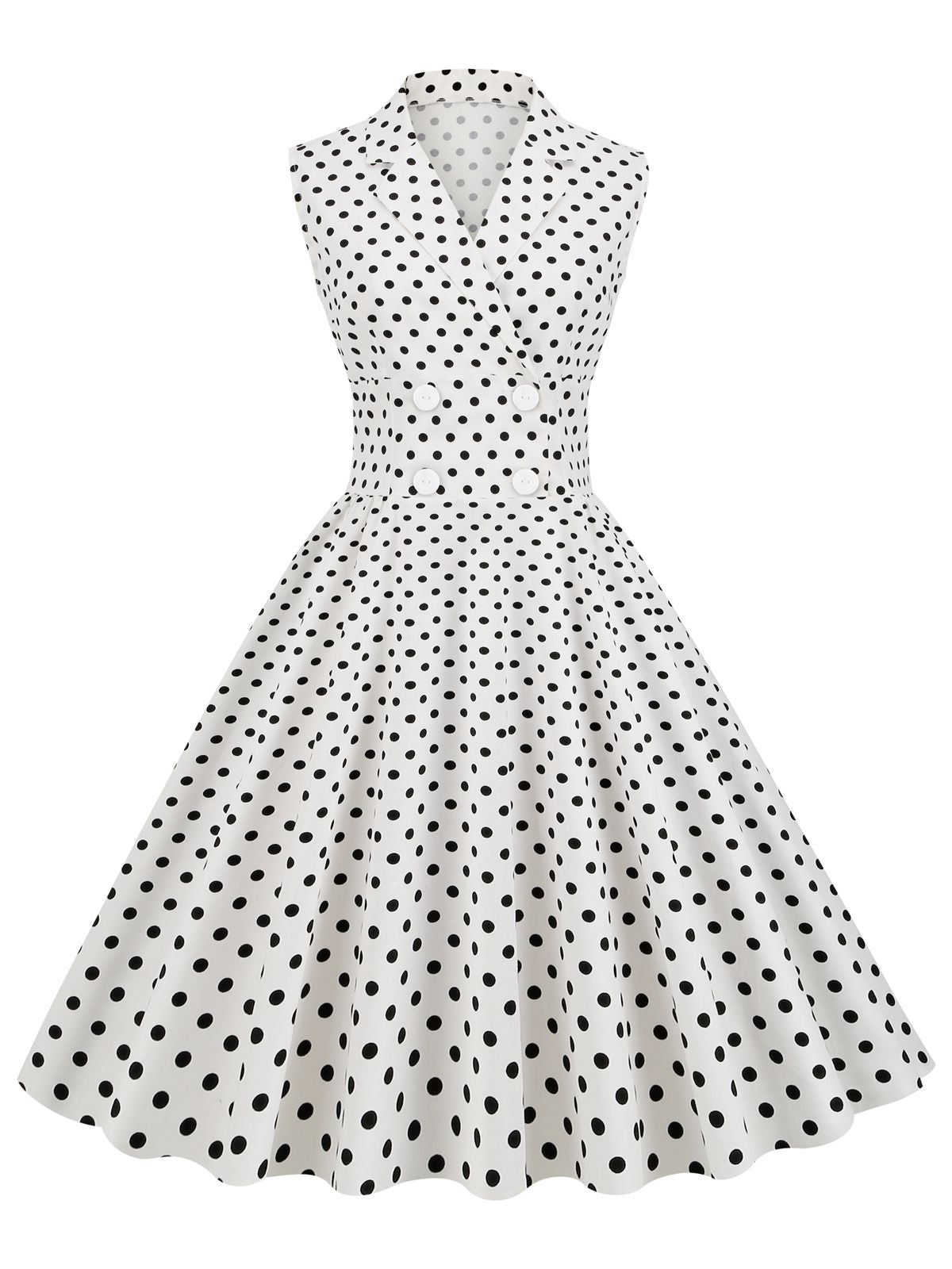 Robe trapèze blanche années 1950 à revers à pois
