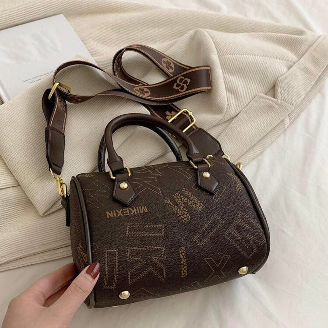 MK Ladies Vintage-Leather Letter-Print Coffee-Brown Boston Handbag (Crossbody, Shoulder Bag, Purse)