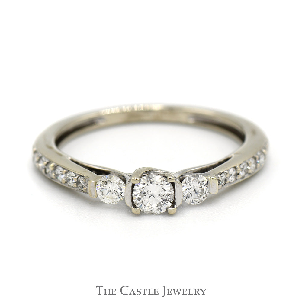 1/2cttw Three Stone Diamond Engagement Ring with Diamond Accents in 14k White Gold