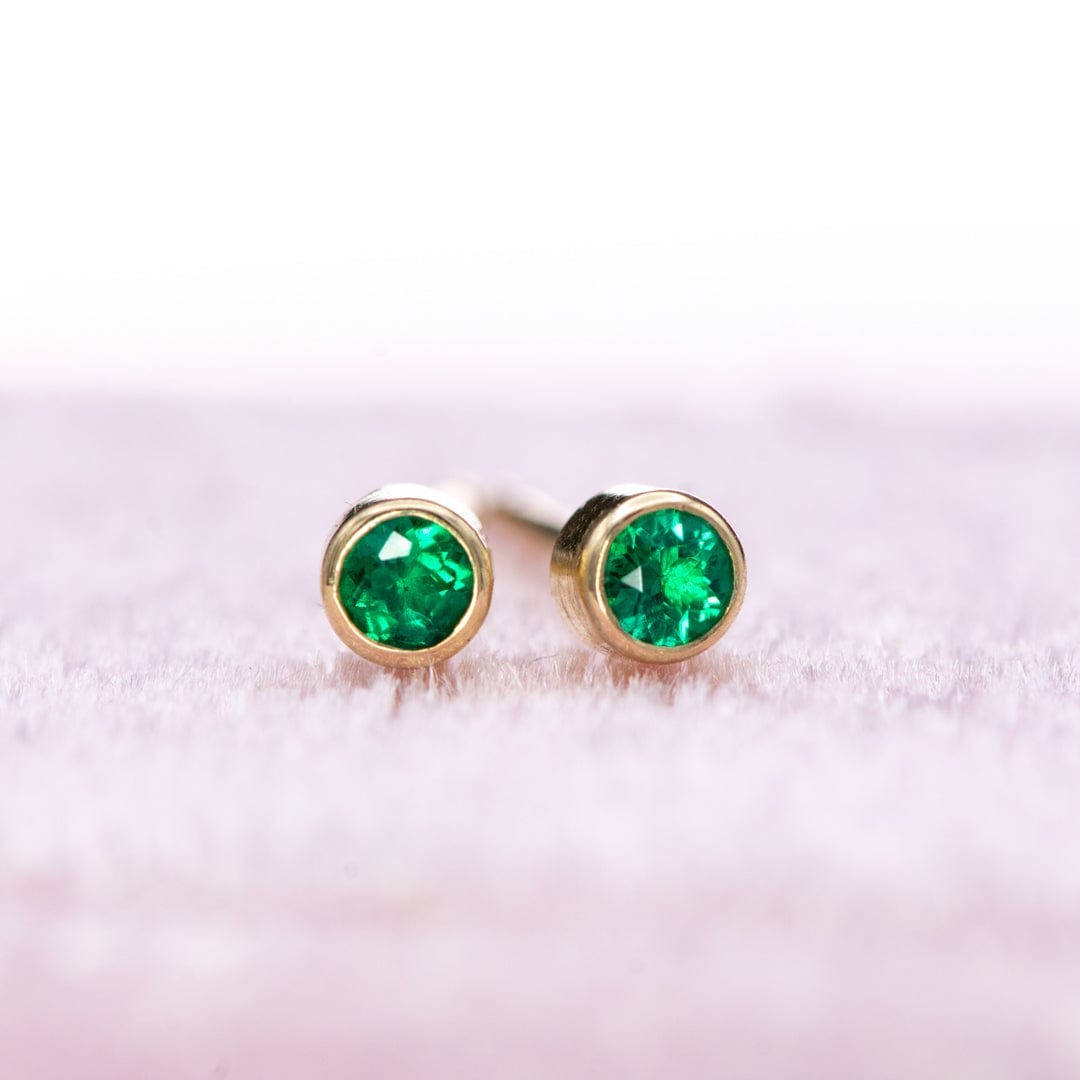 Tiny Green Emerald Bezel Set 14k Yellow Gold Stud Earrings, Ready to Ship