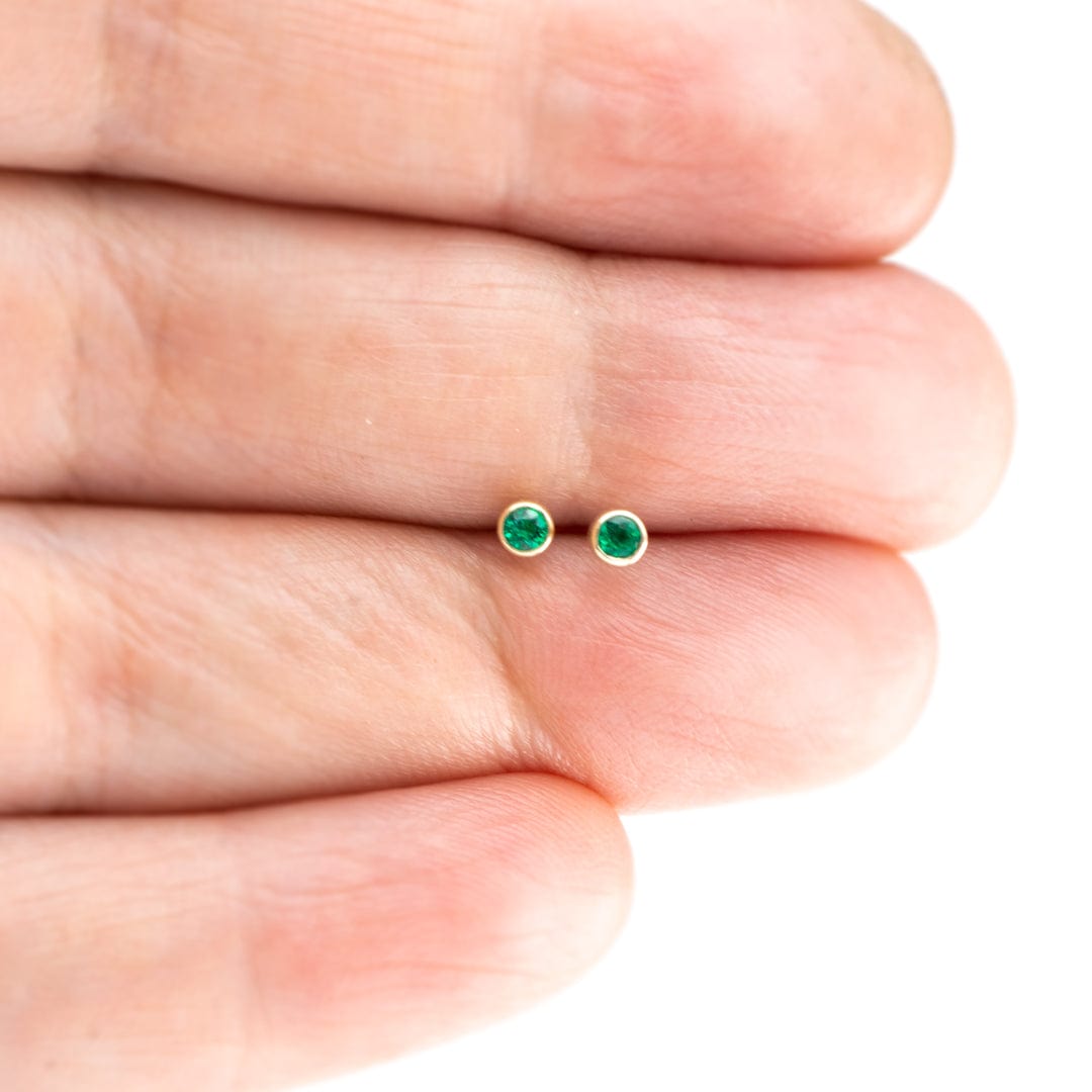 Tiny Green Emerald Bezel Set 14k Yellow Gold Stud Earrings, Ready to Ship