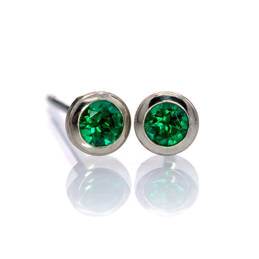 3mm Round Lab Emerald Martini Bezel 14k White Gold Stud Earrings, Ready to Ship