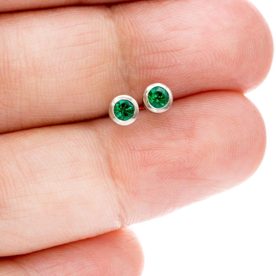 3mm Round Lab Emerald Martini Bezel 14k White Gold Stud Earrings, Ready to Ship