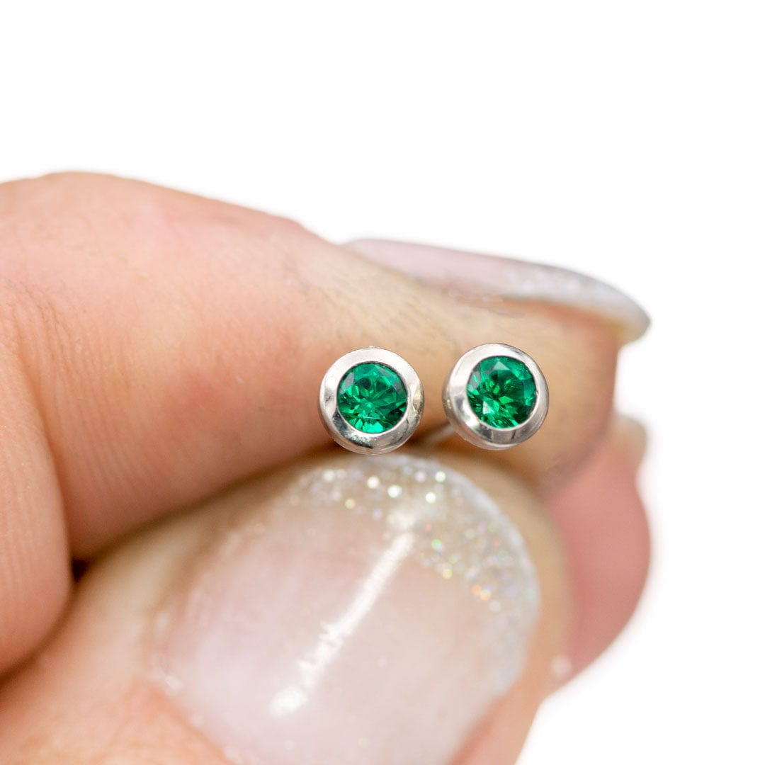 3mm Round Lab Emerald Martini Bezel 14k White Gold Stud Earrings, Ready to Ship