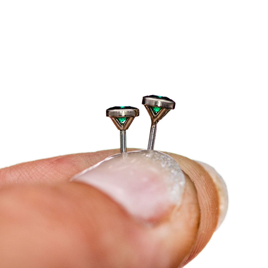 3mm Round Lab Emerald Martini Bezel 14k White Gold Stud Earrings, Ready to Ship