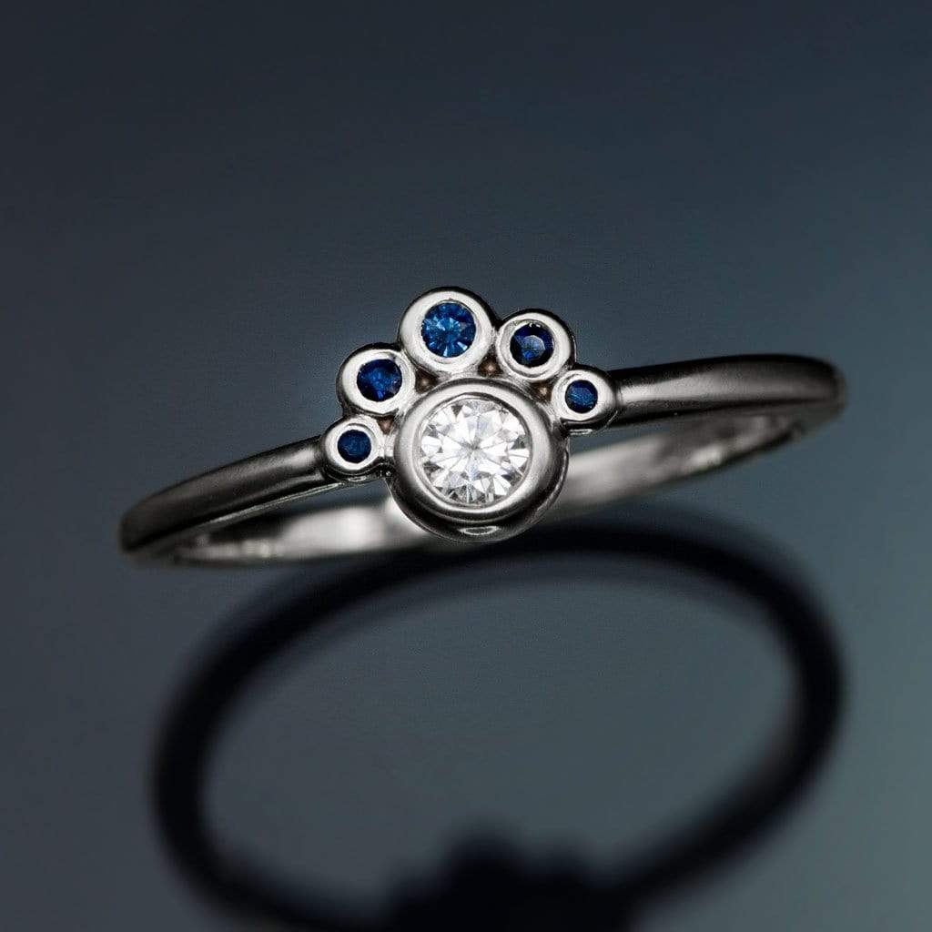 Half Halo Stacking Ring, Bezel Set Moissanite & Blue Sapphire Accents