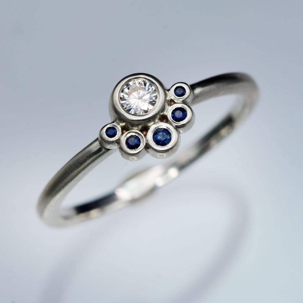 Half Halo Stacking Ring, Bezel Set Moissanite & Blue Sapphire Accents