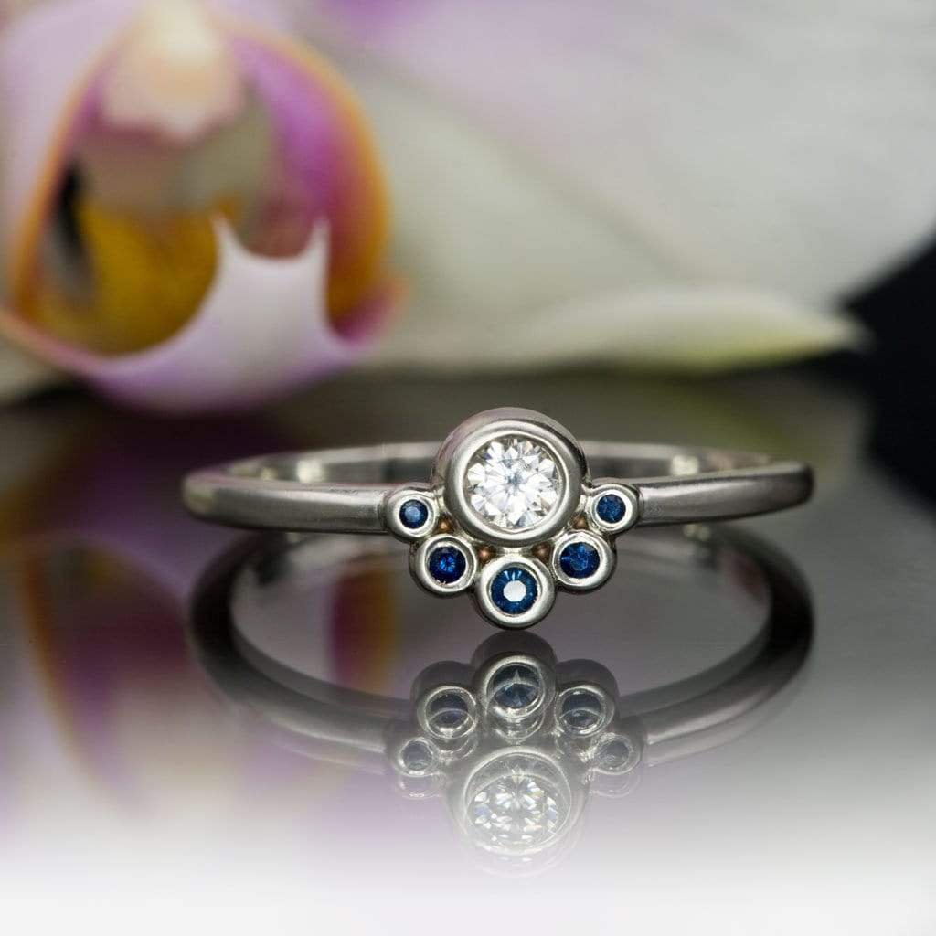 Half Halo Stacking Ring, Bezel Set Moissanite & Blue Sapphire Accents