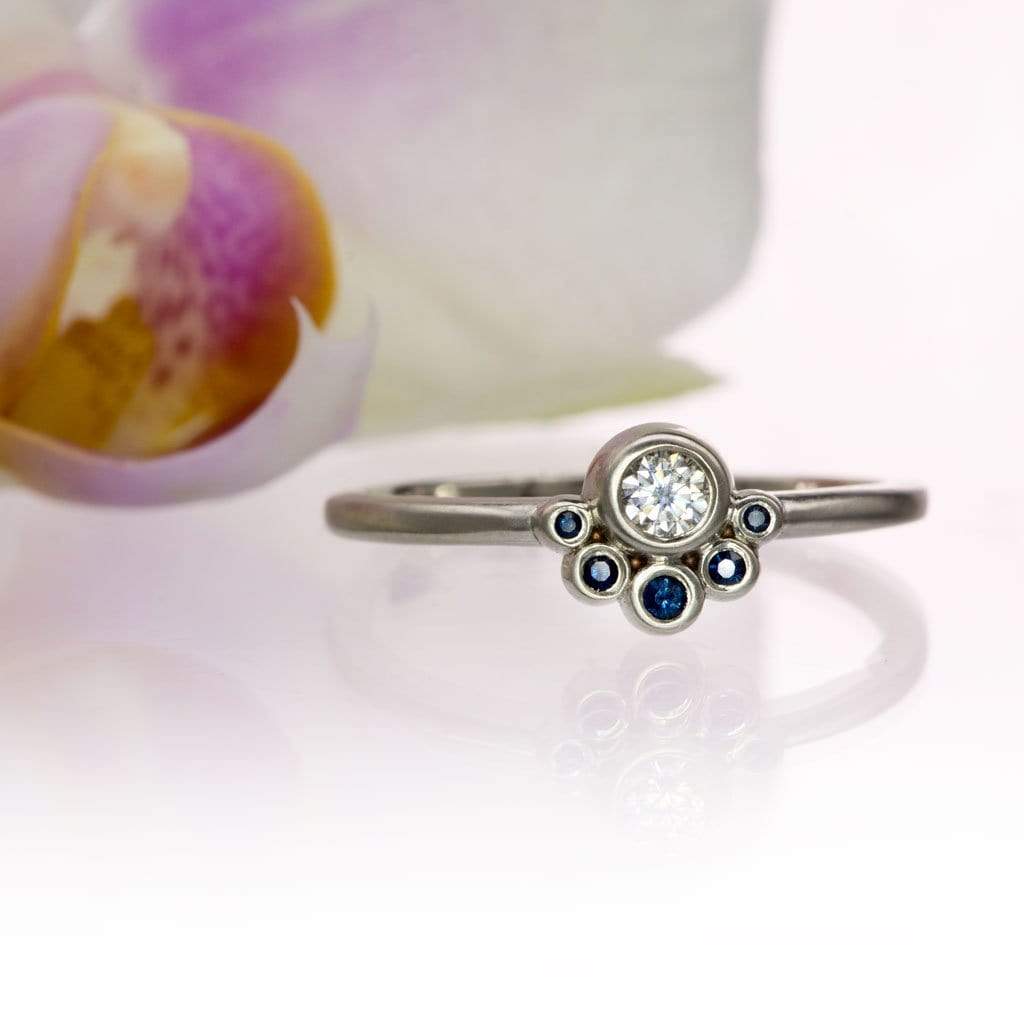 Half Halo Stacking Ring, Bezel Set Moissanite & Blue Sapphire Accents