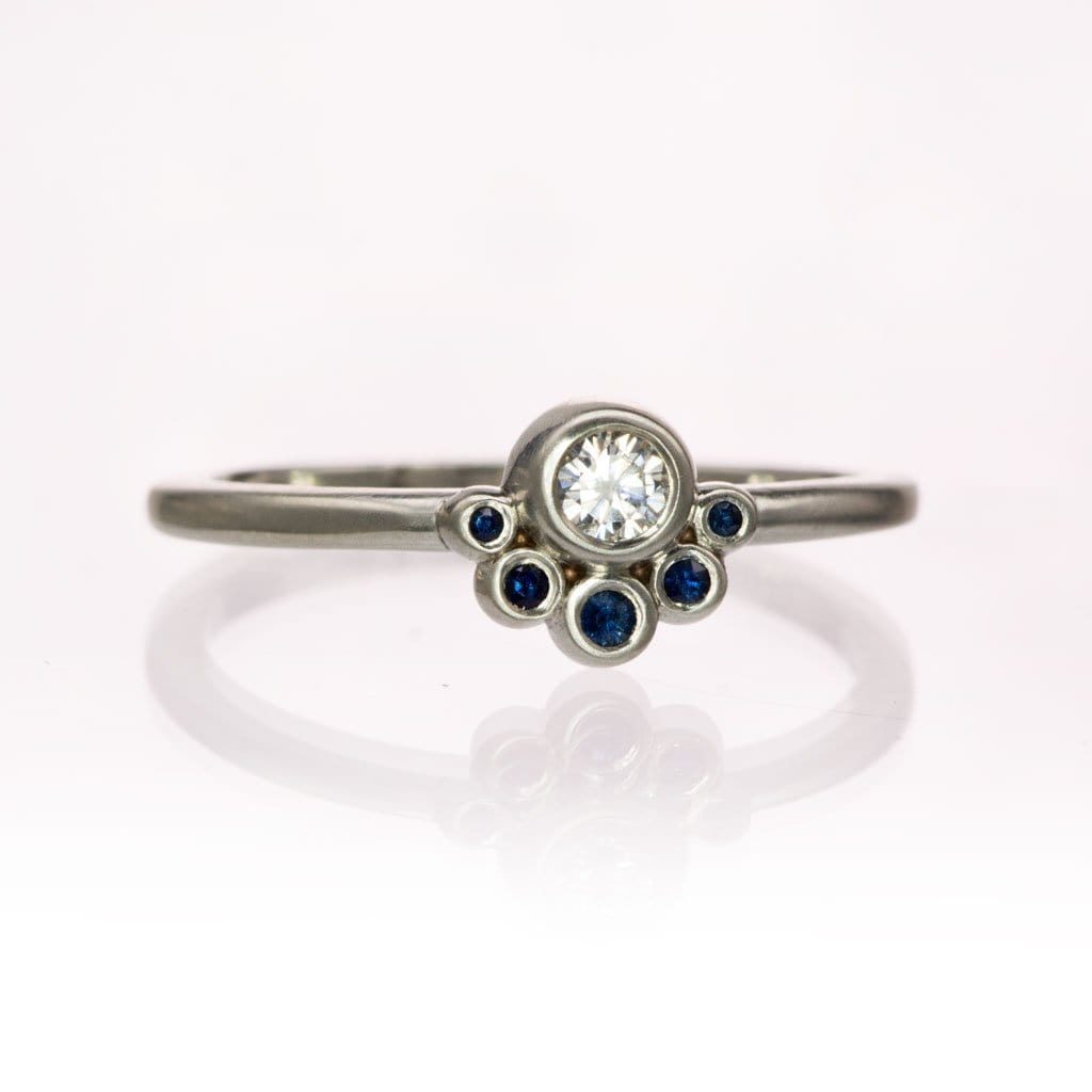 Half Halo Stacking Ring, Bezel Set Moissanite & Blue Sapphire Accents