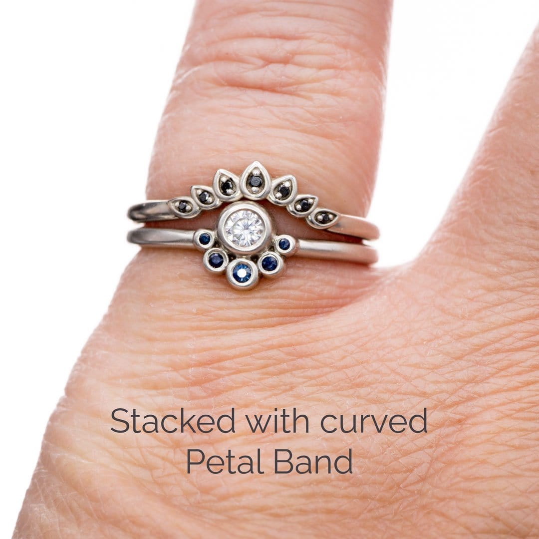 Half Halo Stacking Ring, Bezel Set Moissanite & Blue Sapphire Accents