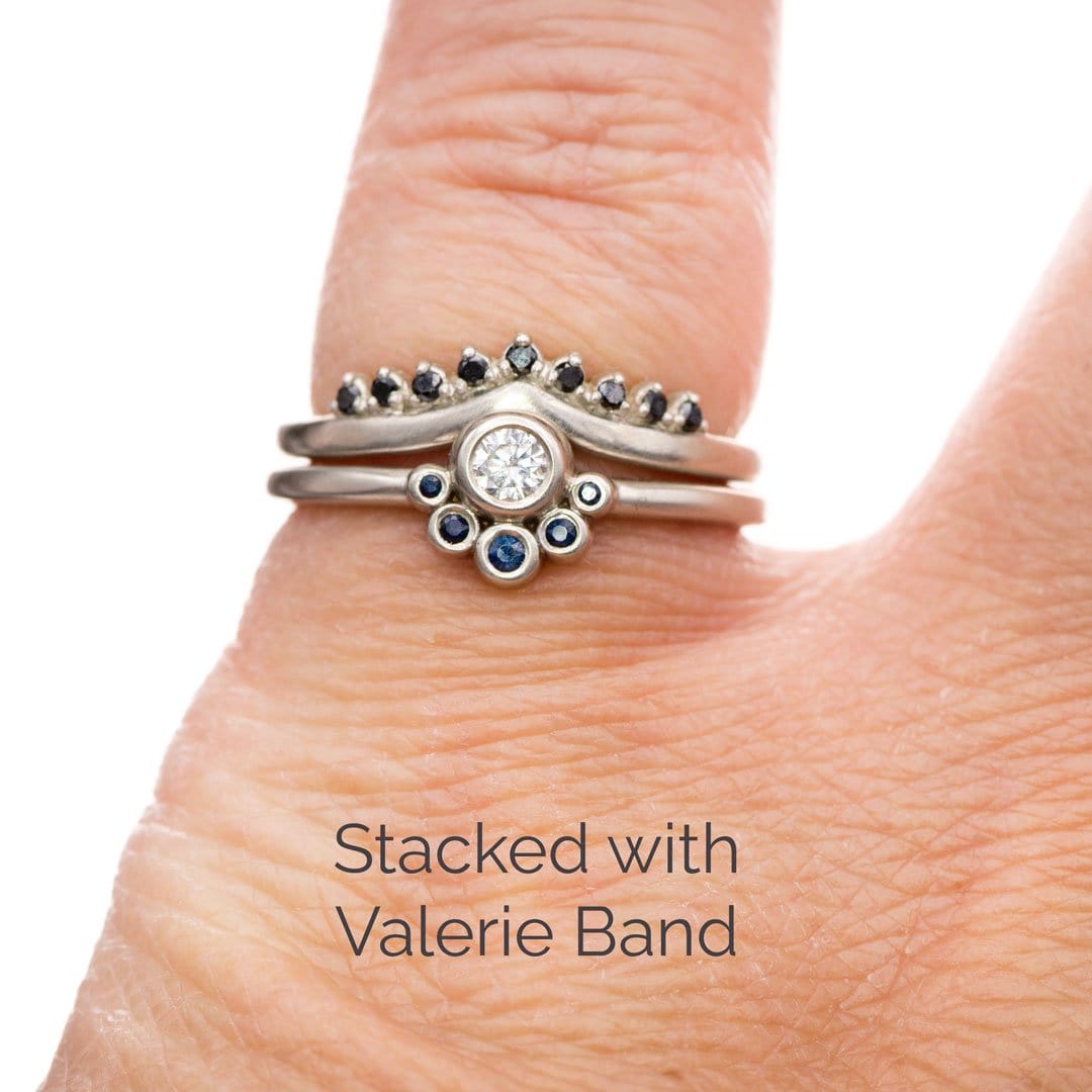 Half Halo Stacking Ring, Bezel Set Moissanite & Blue Sapphire Accents