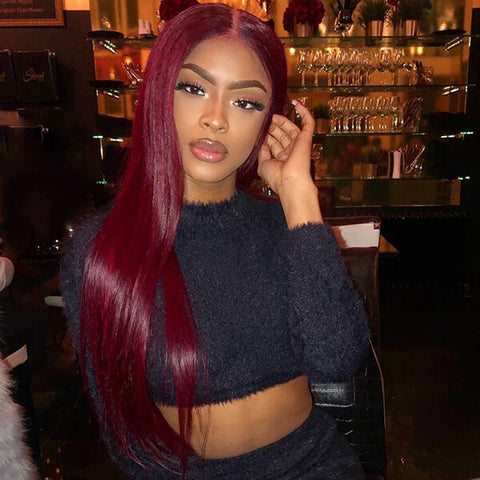 T Part Wig Straight Hair 99J burgundy color lace Wigs